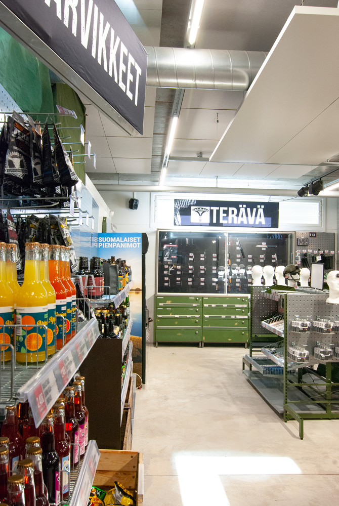 Varusteleka store in Helsinki's Konala district lit with Airam Airaline Eco luminaires